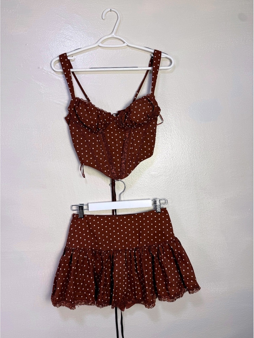 Brown Polka Dot Corset Top and Ruffled Mini Skirt Set